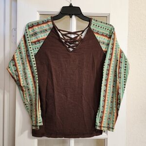 Cowgirl Tuff Co Crisscross Front Back Aztec Western Long Sleeve Top M 100313